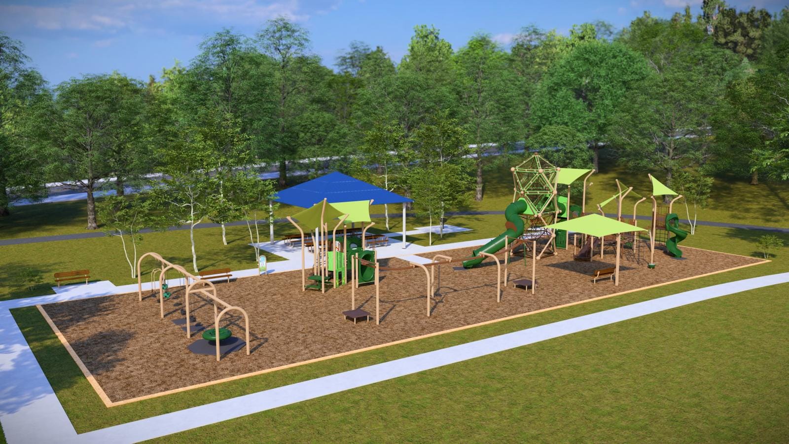 Alabama Drive Park playground rendering (via Fairfax County Park Authority) | FFXnow Outdoor playground with wooden climbing frames, slides, and shade canopies on a wood-chip surface, surrounded by trees and grassy paths.
