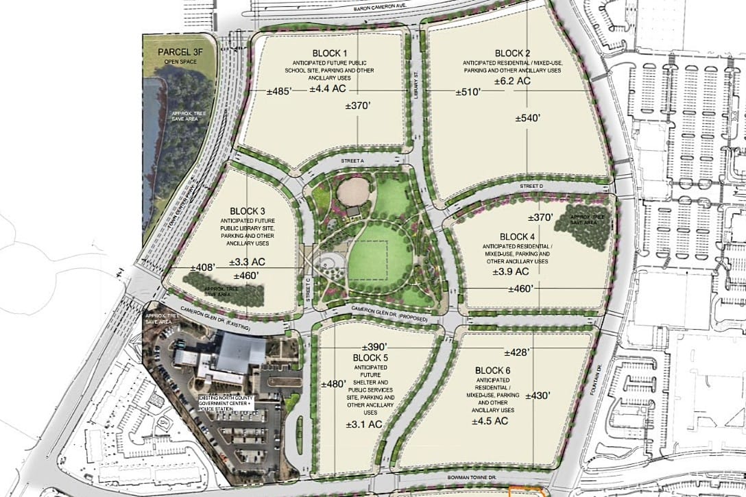 A master plan of a development with six blocks around a central green park, showing block labels, acreages, and surrounding roads.