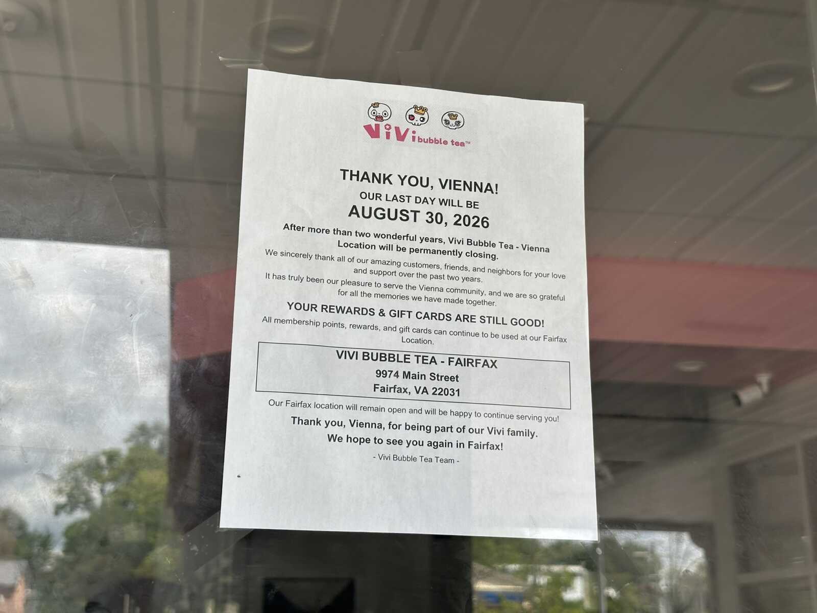 Poster on a glass door announcing Vivi Bubble Tea Vienna's last day (August 30, 2026) and the Fairfax, VA address.