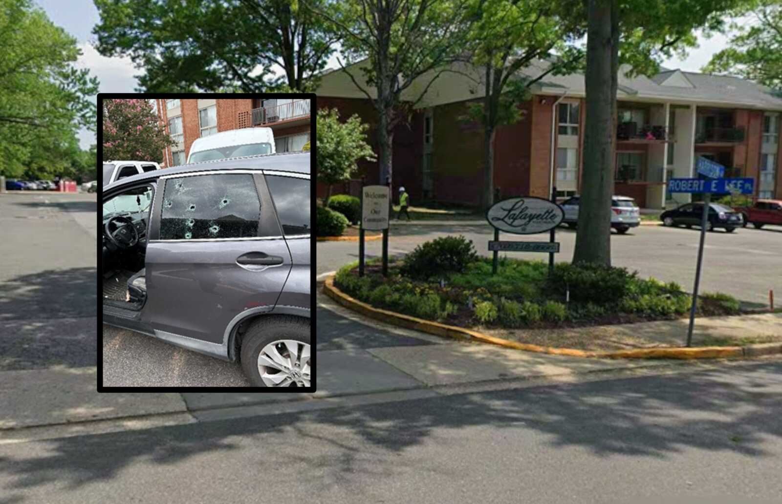 Police are searching for an individual who shot up a car, leaving a man critically injured, in the Lafayette Apartments area in Groveton (via FCPD, Google Maps) | FFXnow Gray SUV with a damaged window and bullet holes; inset zooms on the shattered side window.