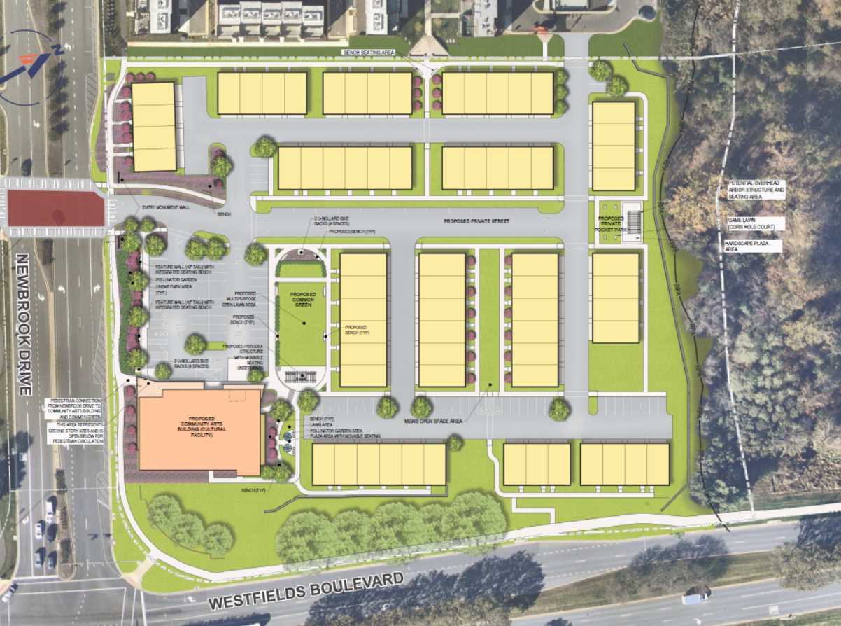 Location of the proposed Chantilly Arts Hub (via Bohler Engineering/Walsh Collucci) | FFXnow Aerial site plan of a residential development with yellow building blocks, roads, parking, and landscaped areas bordered by New Brook Drive and Westfields Boulevard.