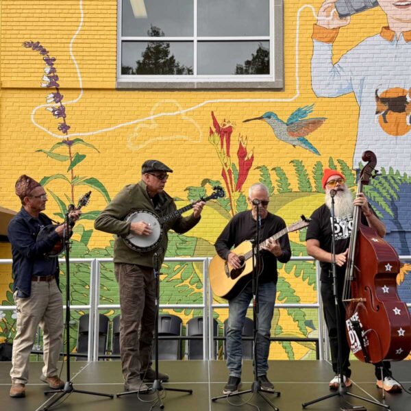 Four musicians perform on an outdoor stage in front of a bright yellow mural with flowers and a hummingbird, playing banjo, mandolin, guitar, and upright bass.
