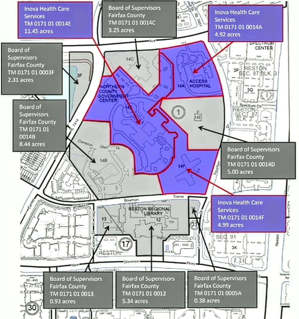 Ownership of current parcels at RTC North site (via Fairfax County) | FFXnow Map of Fairfax County showing Board of Supervisors districts and Inova Health Care parcels with parcel sizes noted (acres).