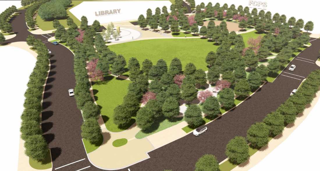 A rendered aerial view of a park-like campus with a central green lawn, dense trees, and a library building in the background.