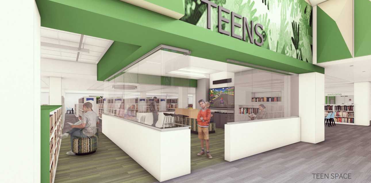 Modern library space labeled TEENS with green accents, desks, bookshelves, and teens reading and studying.
