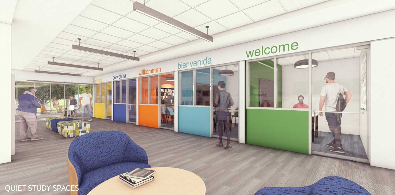 Modern study lounge with colored doorway fronts labeled with welcome in multiple languages; people sit and chat.