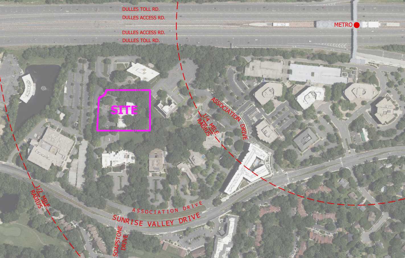 Location of 1902 Association Drive in Reston (via VIKA Virginia/Fairfax County) | FFXnow Aerial map showing a magenta rectangle labeled SITE marking the location, with surrounding roads noted in red and a red dashed 1/4 mile radius circle encircling the area.