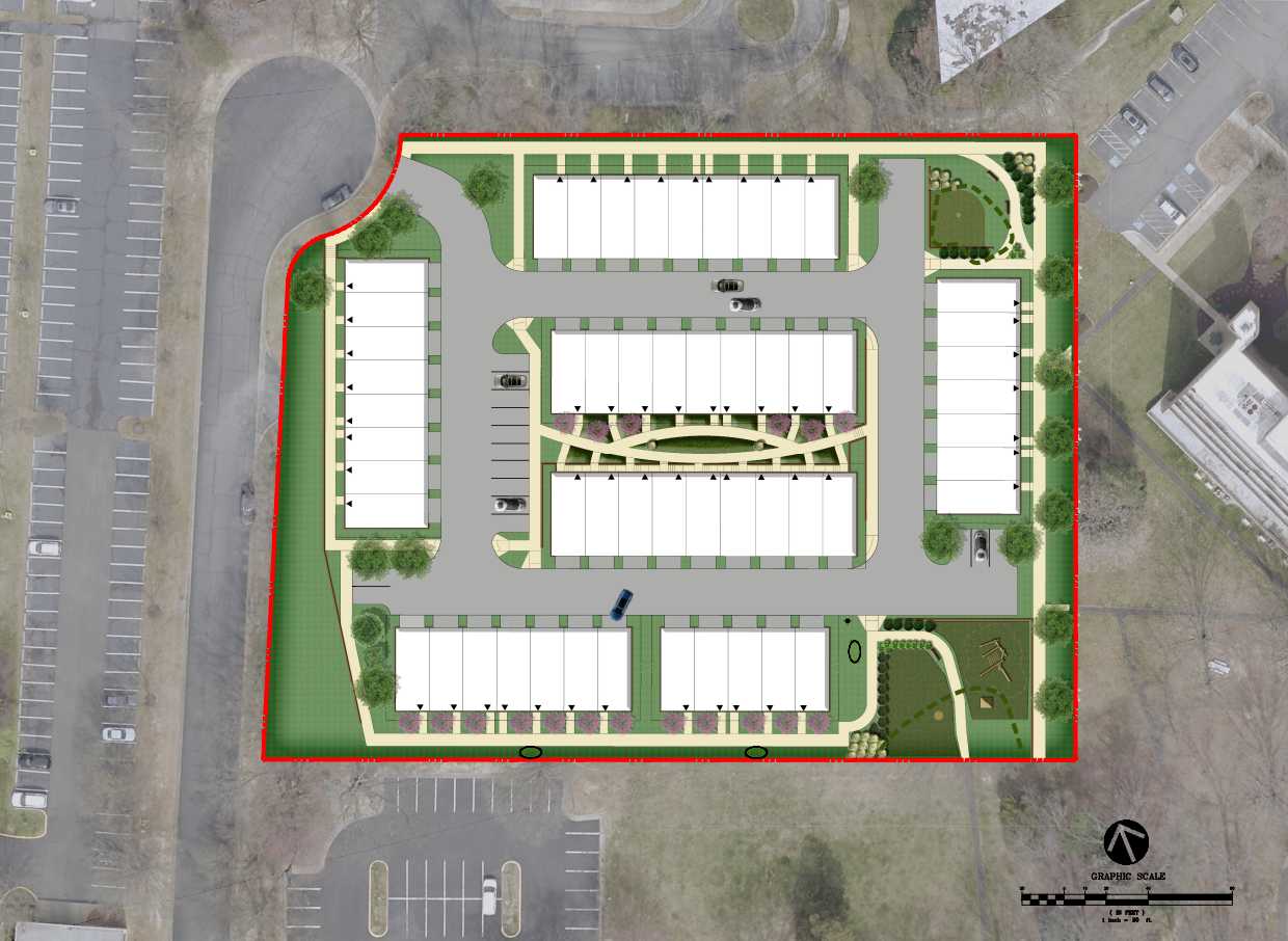Site layout for Toll Brothers' proposed townhouse development at 1902 Association Drive in Reston (via VIKA Virginia/Fairfax County) | FFXnow A top-down site plan of a residential complex showing multiple white rectangular buildings around a central circular driveway, with green lawns, parking lots, and curved walkways inside a red boundary.