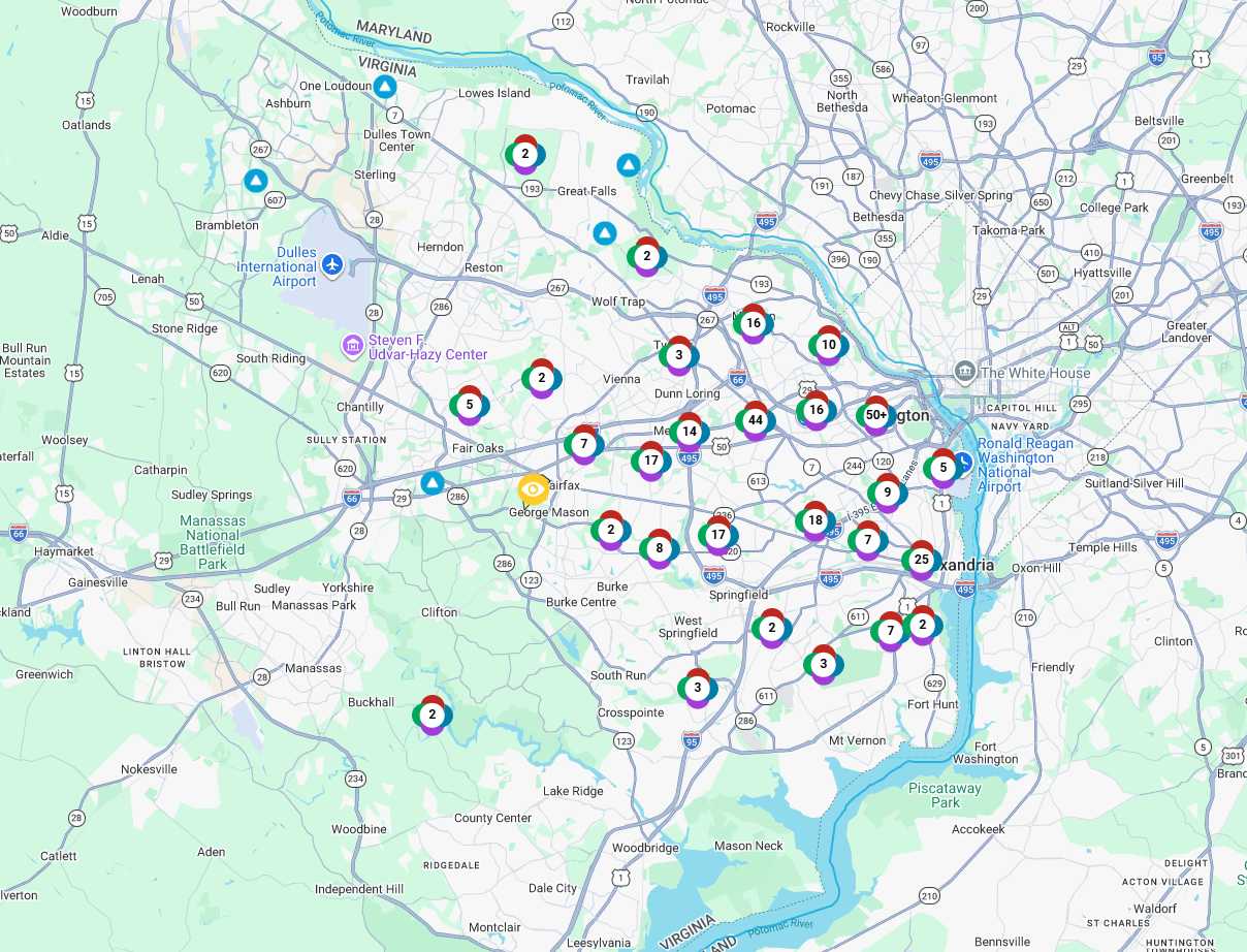 Map of the Washington, DC area with colorful circular markers showing counts at various locations (numbers inside markers)
