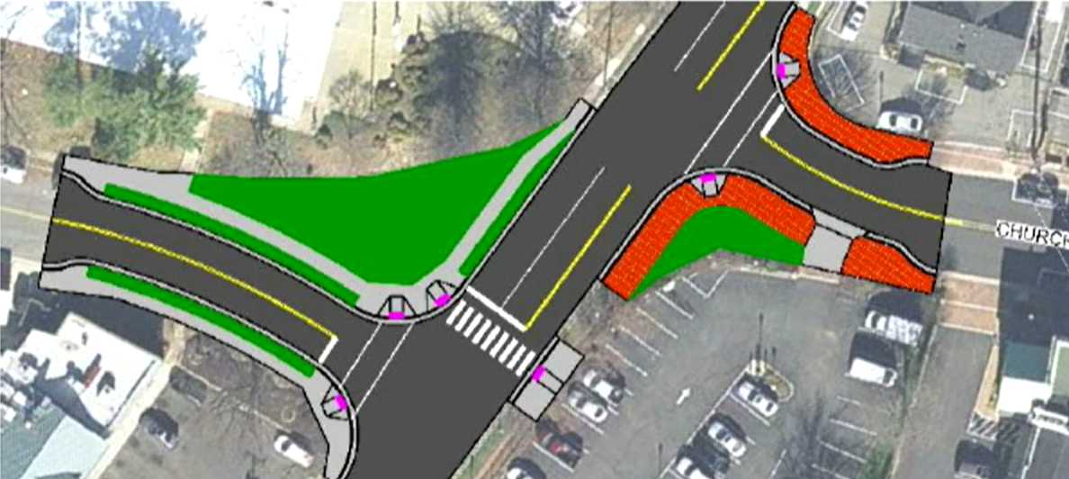 Concept design for two offset T intersections at Church Street NW and Lawyers Road NW (via Town of Vienna) | FFXnow Aerial view of a street redesign showing pedestrian sidewalks, green landscaped medians, and red brick pedestrian buffers around an intersection.