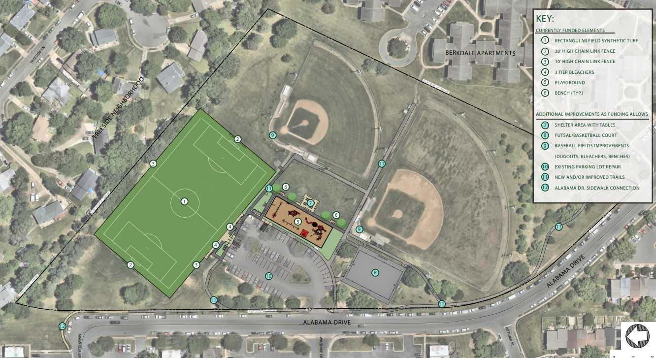 Site plan for proposed Alabama Drive Park renovation project (via Fairfax County Park Authority) | FFXnow A site plan of a park showing a large baseball field, a rectangular football/soccer field, a playground, shelters, parking, and surrounding streets labeled Alabama Drive and residential areas.