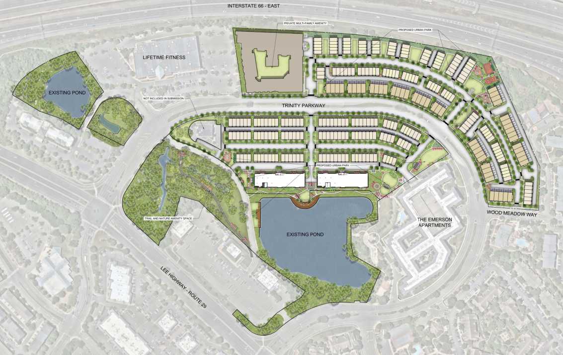 Illustrated site plan for a proposed redevelopment of Trinity Centre in Centreville (via LandDesign/Fairfax County) | FFXnow Layout plan of a residential development around two ponds with streets, housing clusters, and green spaces (aerial site map).