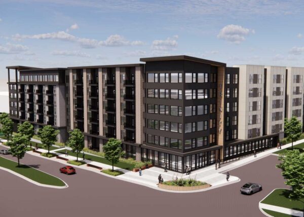 Rendering of a modern dark-gray mixed-use building with glass storefronts on the ground level and residential floors above.
