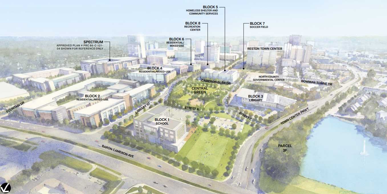 Aerial rendering of a mixed-use development with labeled blocks, streets, and a central green park area.