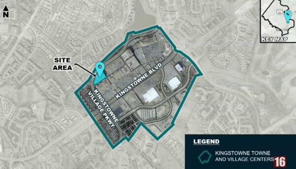 Aerial map of the Kingston Towne and Village Centers site area outlined in teal with a blue pin marking the location.