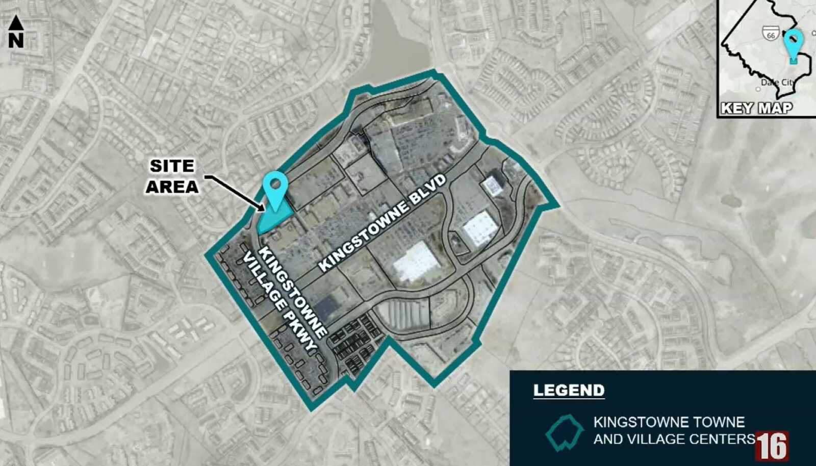 Site of the Kingstowne Towne Center office building that BXP plans to redevelop with housing (via Fairfax County) | FFXnow Aerial map of the Kingston Towne and Village Centers site area outlined in teal with a blue pin marking the location.