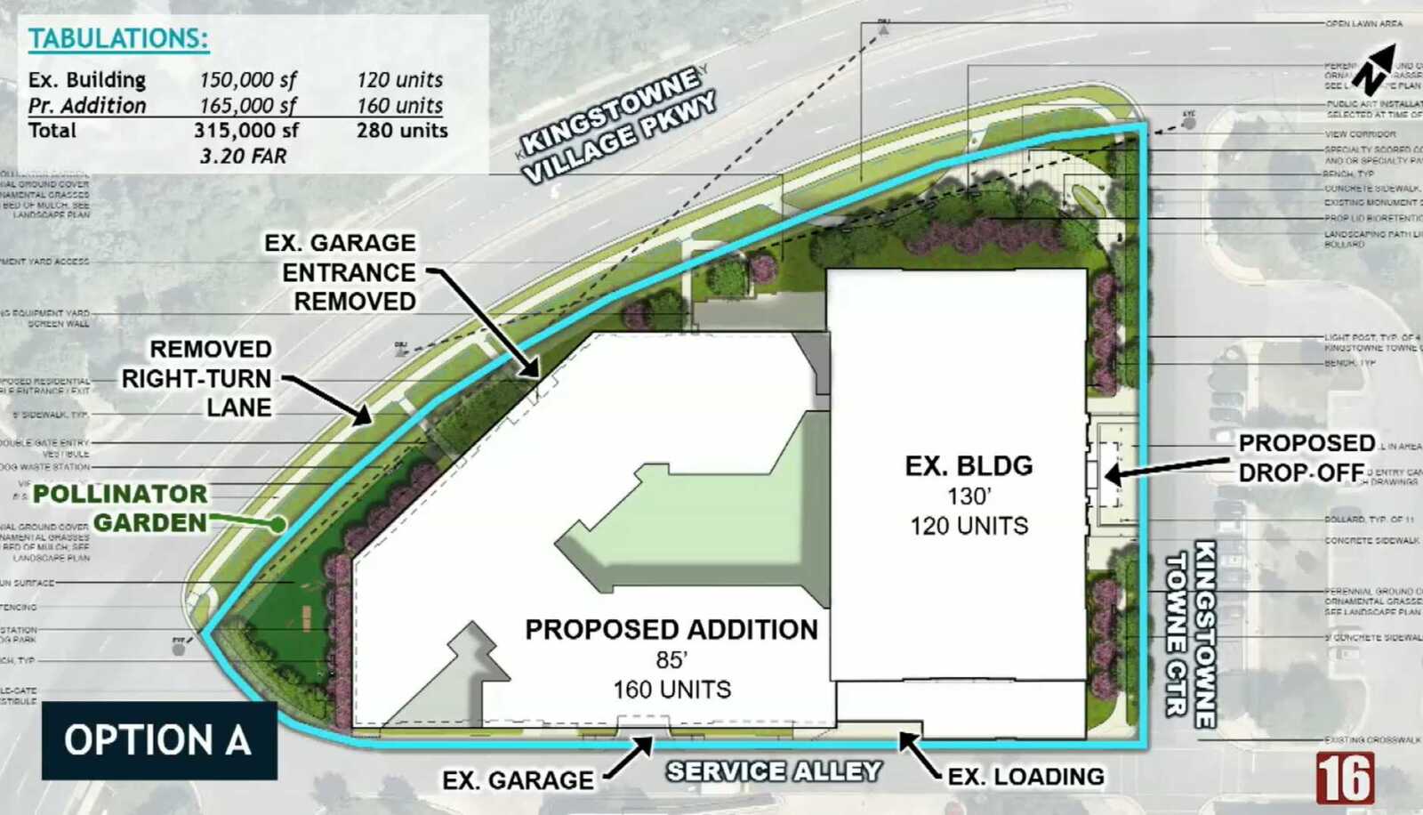 BXP would redevelop the office building at 5971 Kingstowne Village Parkway in two phases (via Fairfax County) | FFXnow Site plan of proposed building addition with surrounding drive, parking, service lane, and landscaping; notes show 120–160 unit counts and Option A boundary in teal lines.