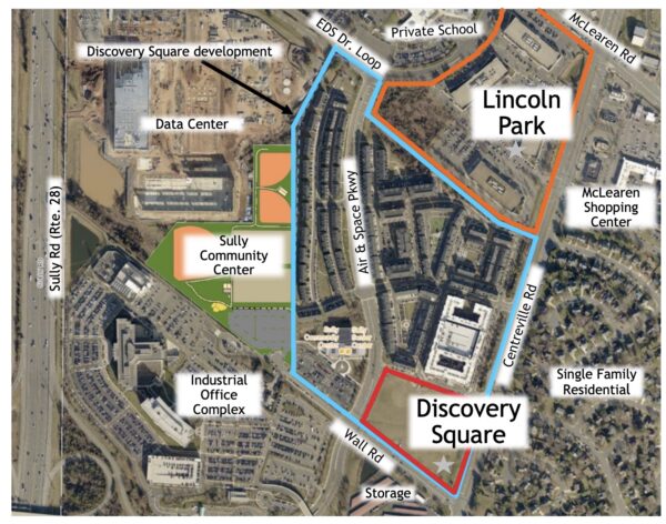 Aerial map showing Lincoln Park area with labeled streets and sites like Discovery Square, Data Center, Sully Community Center, and McLearen Shopping Center