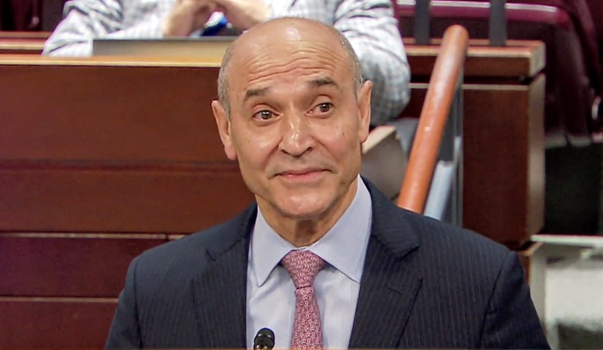 Man in a dark pinstriped suit and pink tie speaking at a podium in a formal chamber.