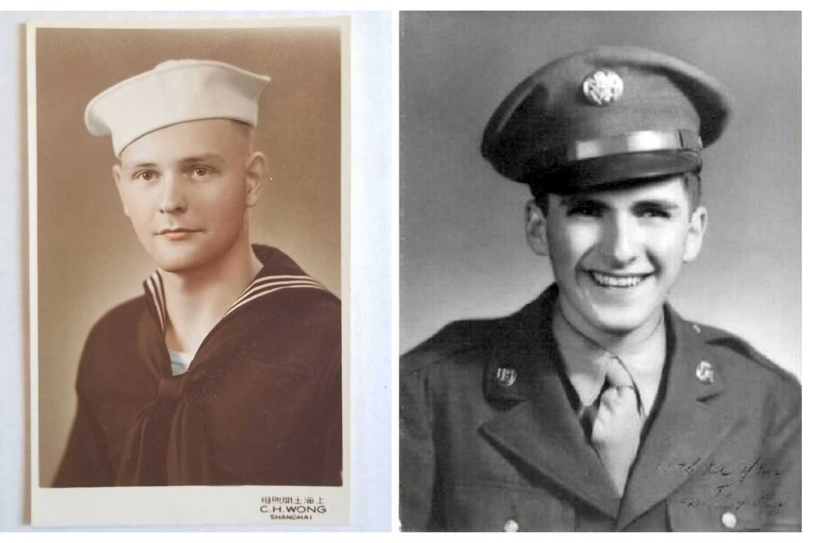 WWII vets | FFXnow Two vintage portraits: a woman in a sailor uniform with a white cap on the left, and a smiling man in a military uniform with a peaked cap on the right.