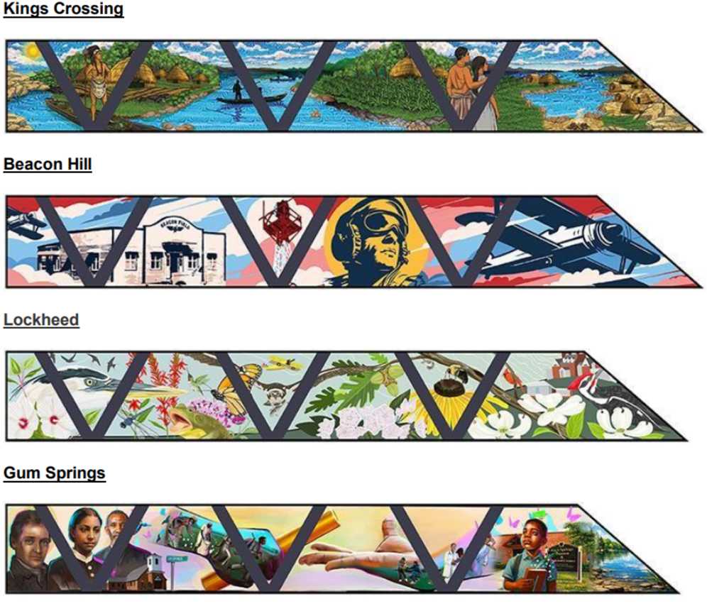Windscreen designs for several stations along The One bus rapid transit (via Fairfax County) | FFXnow Kings Crossing banner: a long panoramic collage of people, water, and landscape framed by dark W shapes (informational graphic)