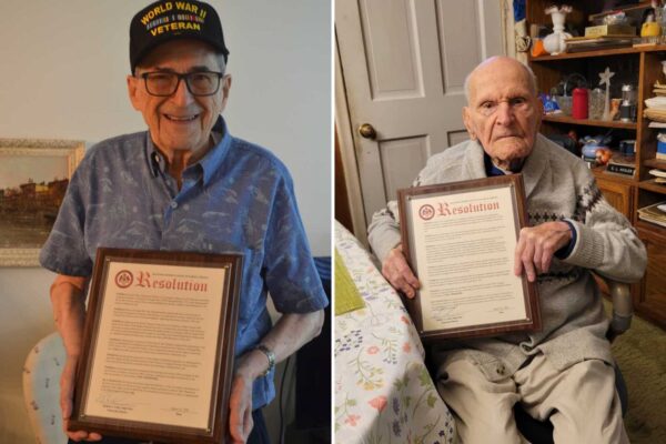 Two elderly men in separate vertical photos hold plaques with the word "Resolution" in large red font. The gentleman on the left is wearing a "World War II veteran" baseball cap and a polo shirt; the gentleman on the right is wearing a sweater.