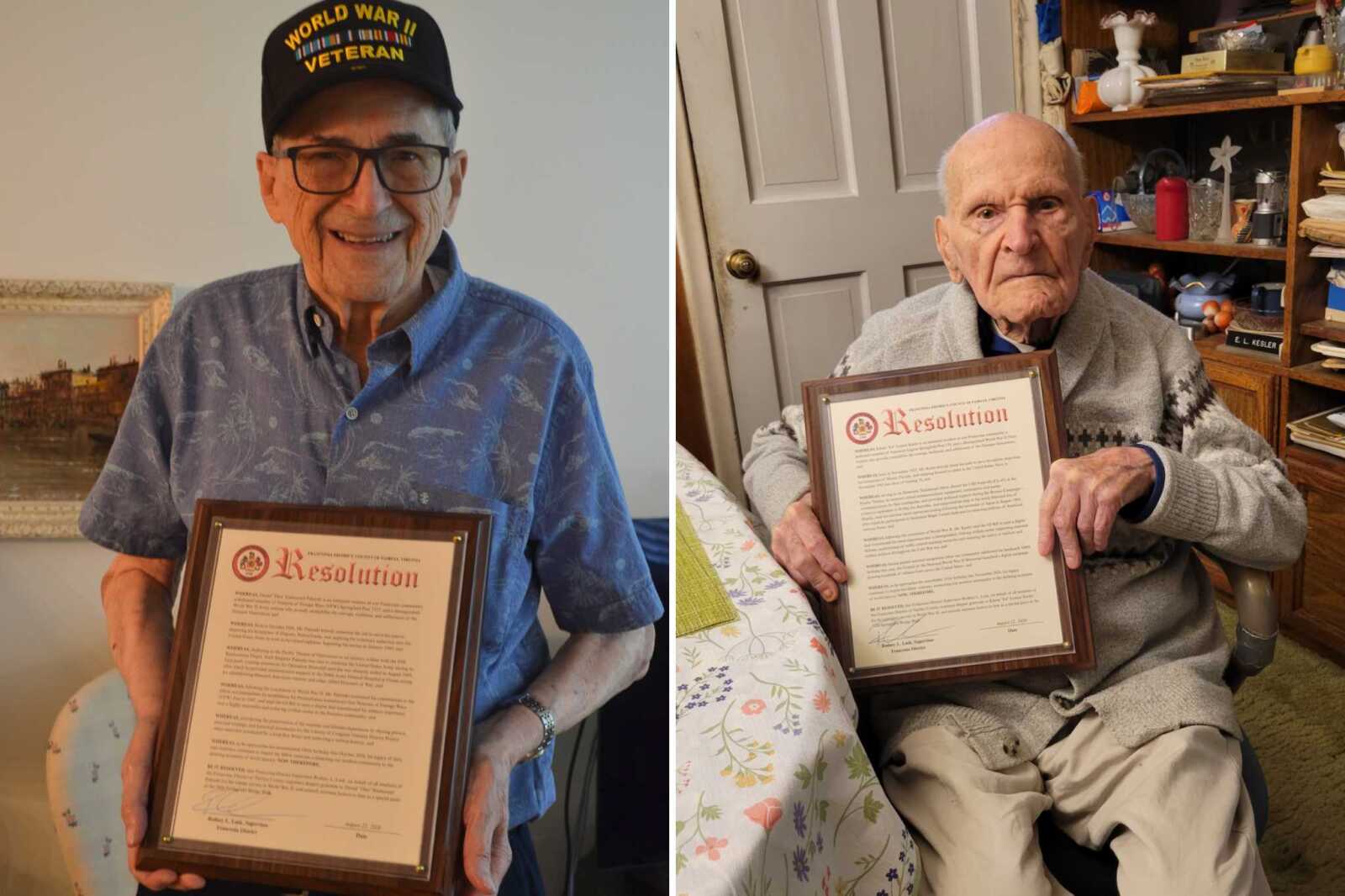 Two elderly men in separate vertical photos hold plaques with the word "Resolution" in large red font. The gentleman on the left is wearing a "World War II veteran" baseball cap and a polo shirt; the gentleman on the right is wearing a sweater.