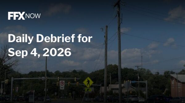 FFX Now logo with the headline 'Daily Debrief for Sep 4, 2026' over an urban street scene with traffic lights and power poles.