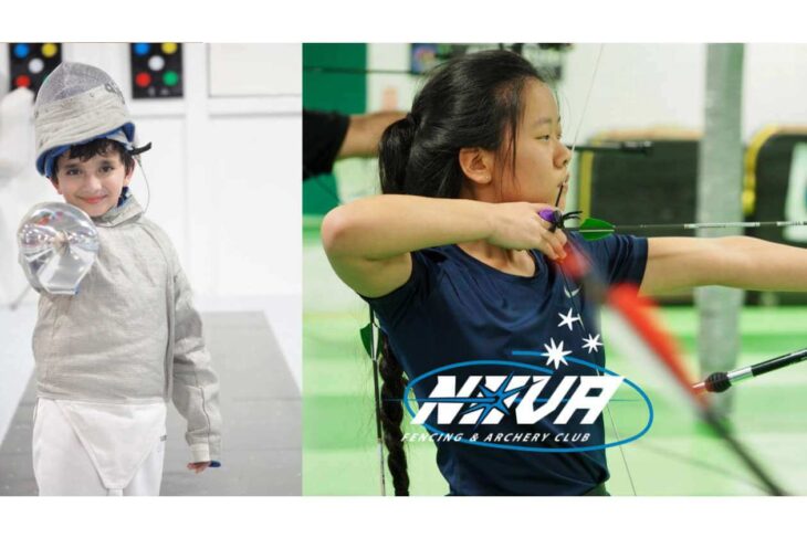 Two kids practicing sports: a young fencer in white with foil on the left and a young archer aiming with a bow on the right, NOVA Fencing & Archery Club logo across the lower center.
