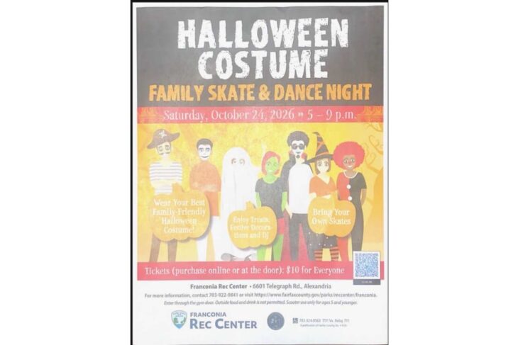 Poster advertising a Halloween costume event: 'HALLOWEEN COSTUME' 'FAMILY SKATE & DANCE NIGHT' with costumed figures, date Saturday, October 24, 2026, 5–9 p.m.; tickets $10 for everyone at the door/online.