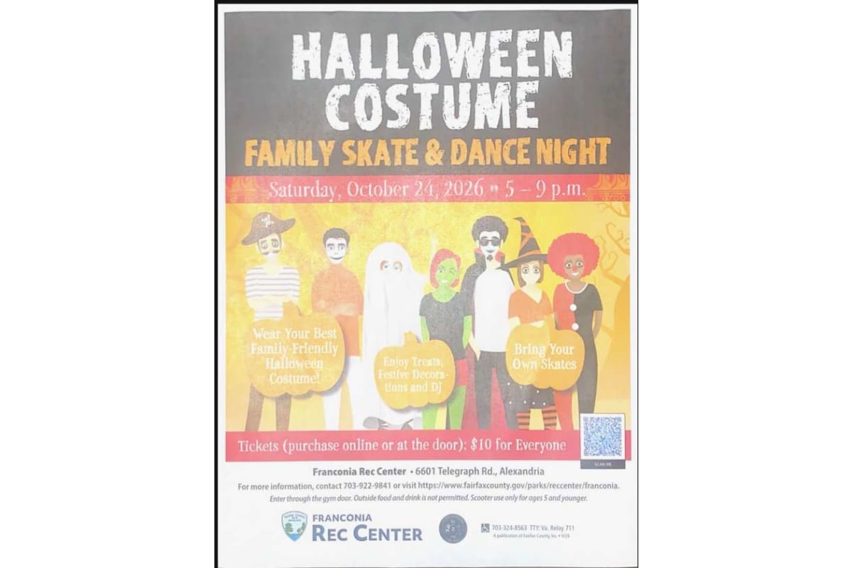 Poster advertising a Halloween costume event: 'HALLOWEEN COSTUME' 'FAMILY SKATE & DANCE NIGHT' with costumed figures, date Saturday, October 24, 2026, 5–9 p.m.; tickets $10 for everyone at the door/online.