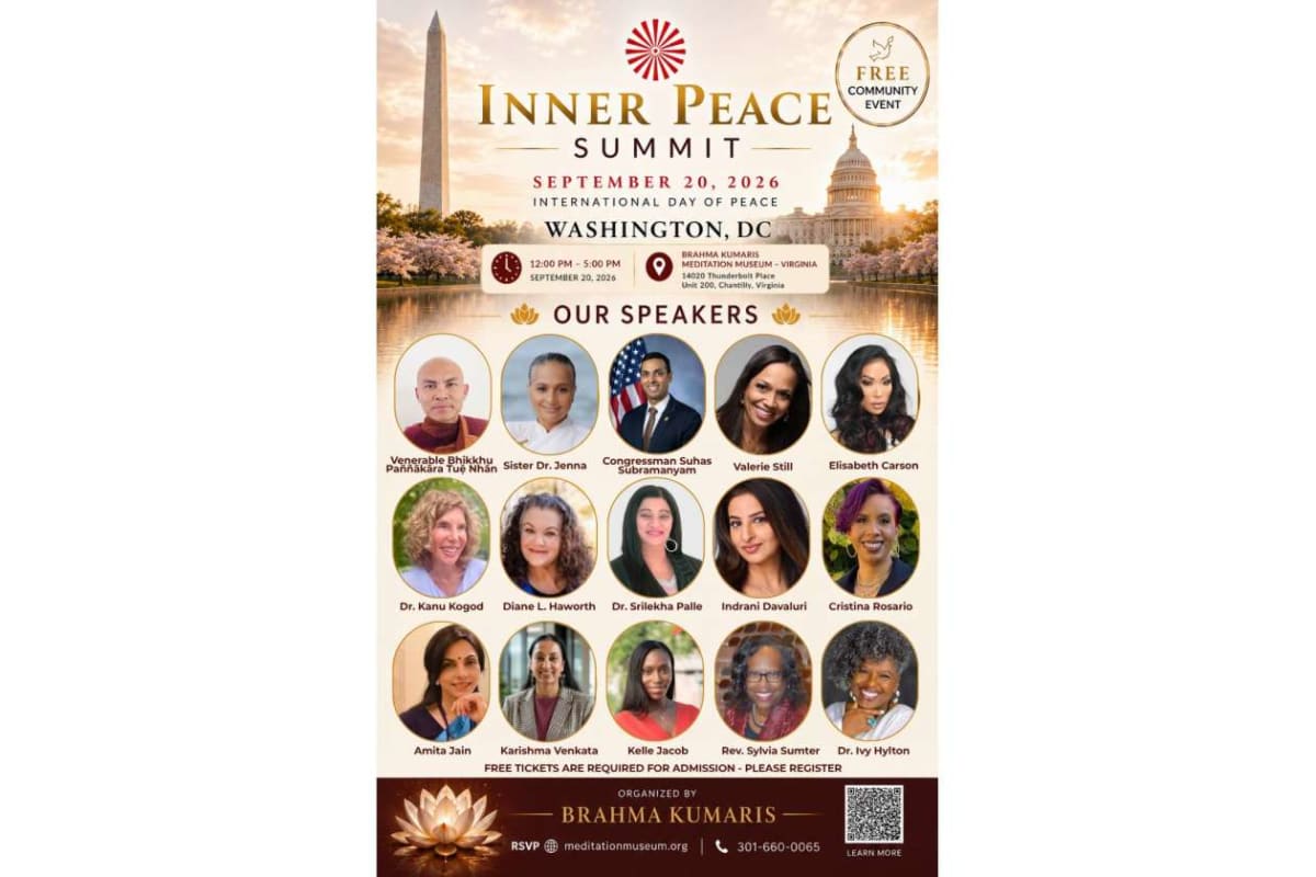 Poster for Inner Peace Summit in Washington, DC with multiple speaker headshots and date details (Sept 20, 2026).