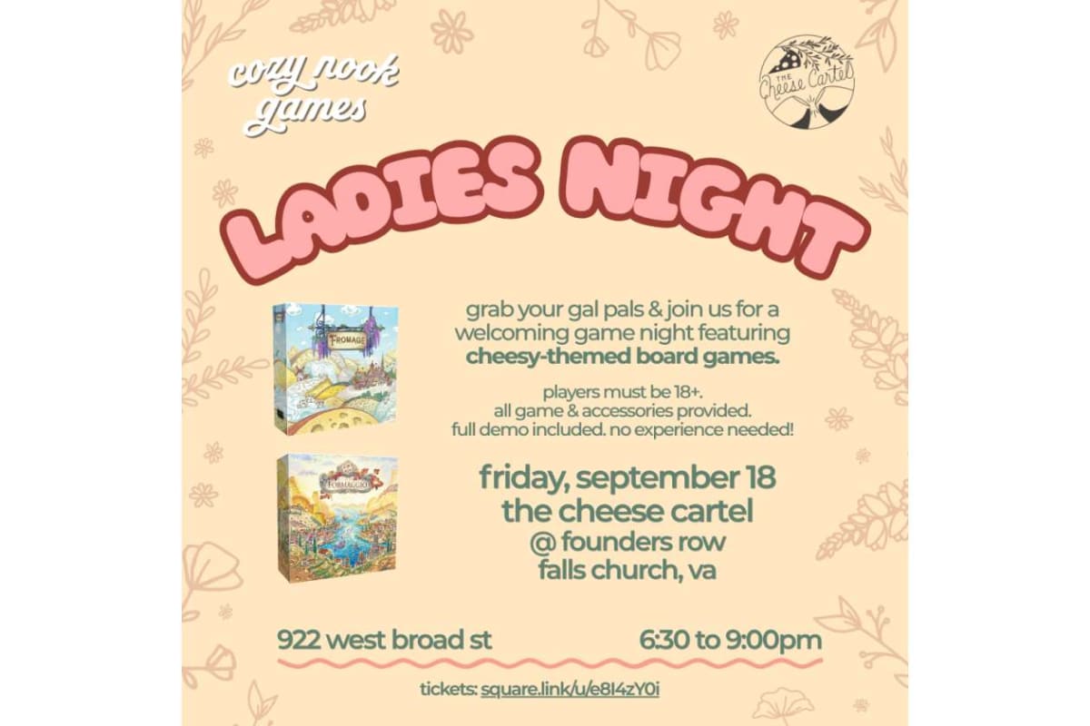 Poster advertising a 'Ladies Night' event with Cheesy-themed board games, info in teal text on peach background.