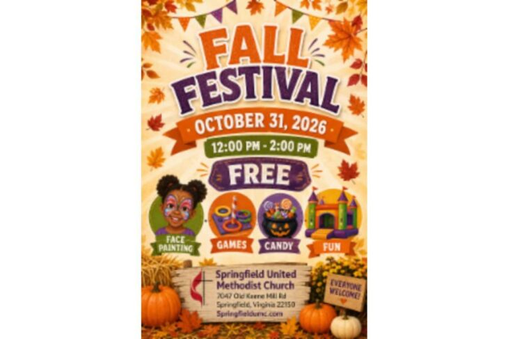 Fall Festival flyer featuring pumpkins and autumn leaves with event date October 31, 2026, 12:00–2:00 PM, and free entry at Springfield United Methodist Church.