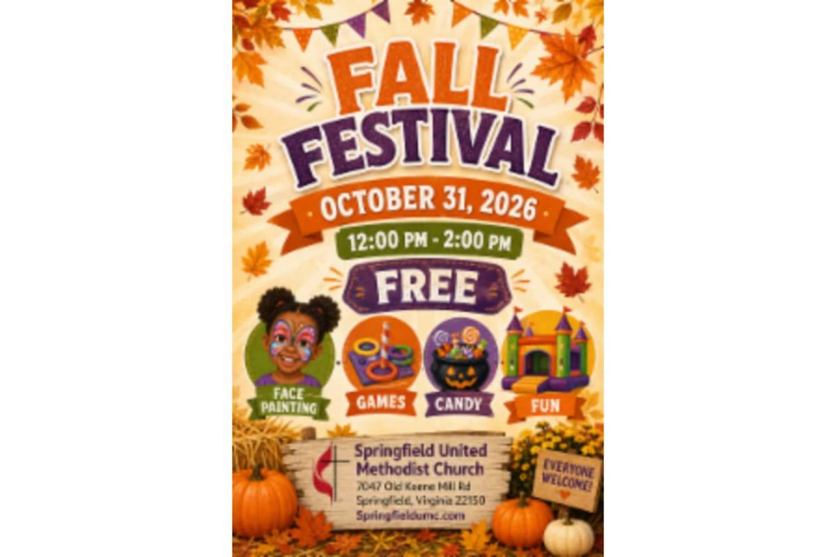Fall Festival flyer featuring pumpkins and autumn leaves with event date October 31, 2026, 12:00–2:00 PM, and free entry at Springfield United Methodist Church.