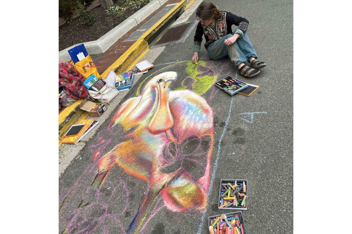 Child sits on the curb drawing a large rainbow-colored animal on the sidewalk with chalk, surrounded by boxes of chalk and bags nearby.