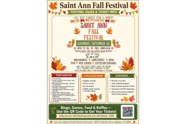 Poster for Saint Ann Fall Festival with autumn leaves and banner, announcing date, free admission and family activities like rides, games and bingo.