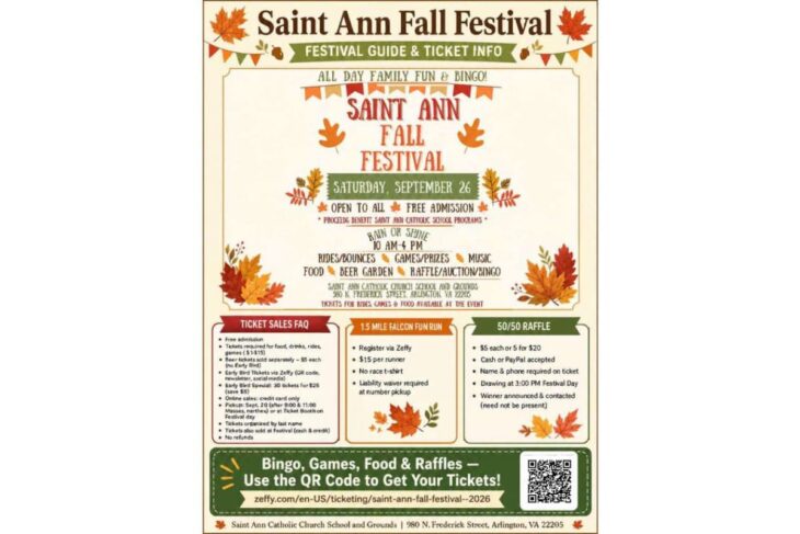 Poster for Saint Ann Fall Festival with autumn leaves and banner, announcing date, free admission and family activities like rides, games and bingo.