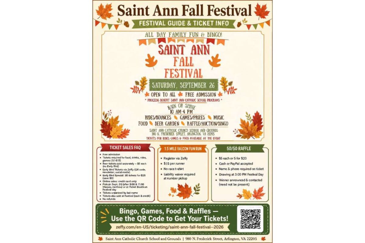 Poster for Saint Ann Fall Festival with autumn leaves and banner, announcing date, free admission and family activities like rides, games and bingo.
