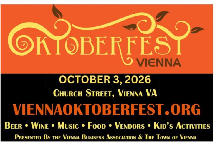 Event poster for Oktoberfest Vienna featuring date October 3, 2026 and location Church Street, Vienna VA; website viennaoktoberfest.org; highlights beer, wine, music, food, vendors, kids' activities.