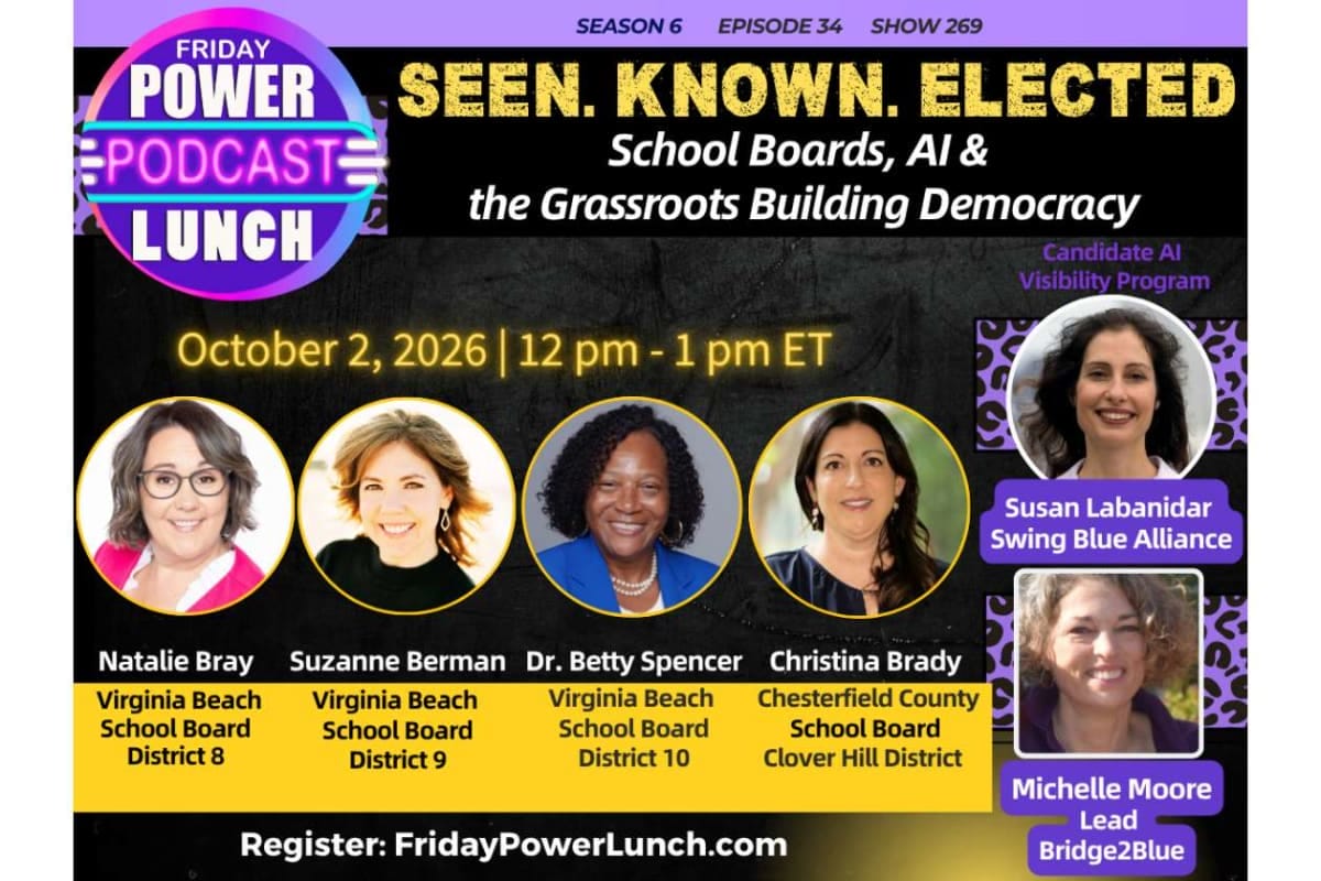 Promotional banner for Friday Power Lunch podcast: Seen. Known. Elected, with date Oct 2, 2026, 12–1 pm ET; register at FridayPowerLunch.com.