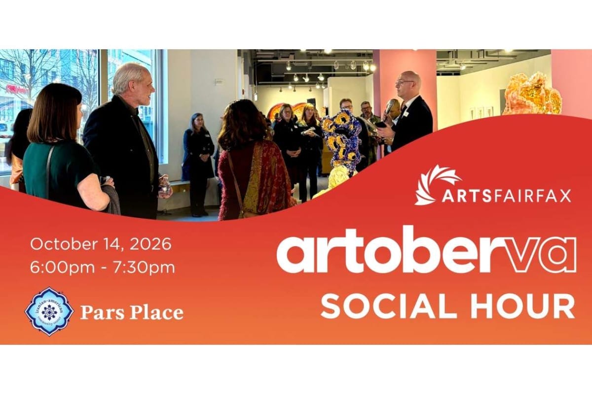 Event banner for Artober VA Social Hour by Arts Fairfax, showing people mingling at a gallery with orange gradient background and event details (October 14, 2026, 6:00–7:30pm)
