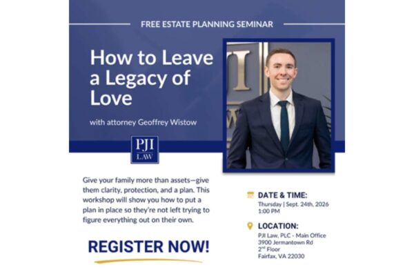 Promotional poster for a free estate planning seminar 'How to Leave a Legacy of Love' featuring speaker Geoffrey Wistow.