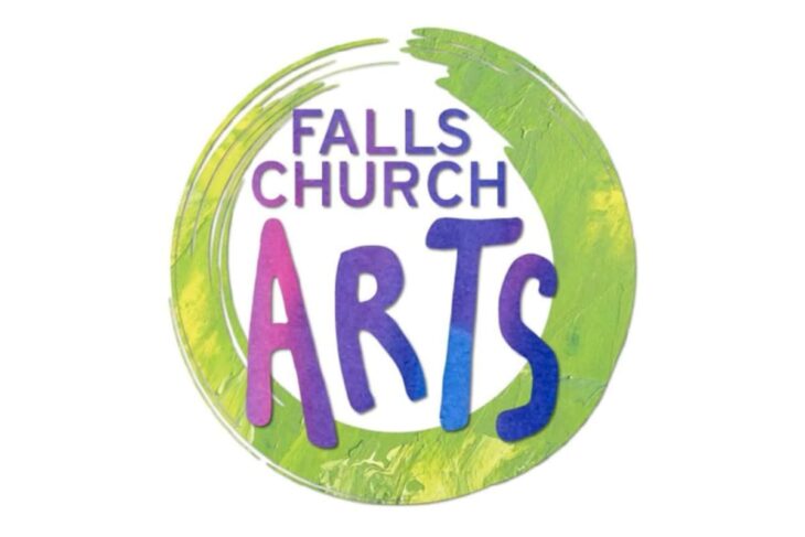 Logo for Falls Church Arts: colorful circular brushstroke with bold purple 'Falls Church' and multicolored 'ARTS' text inside.