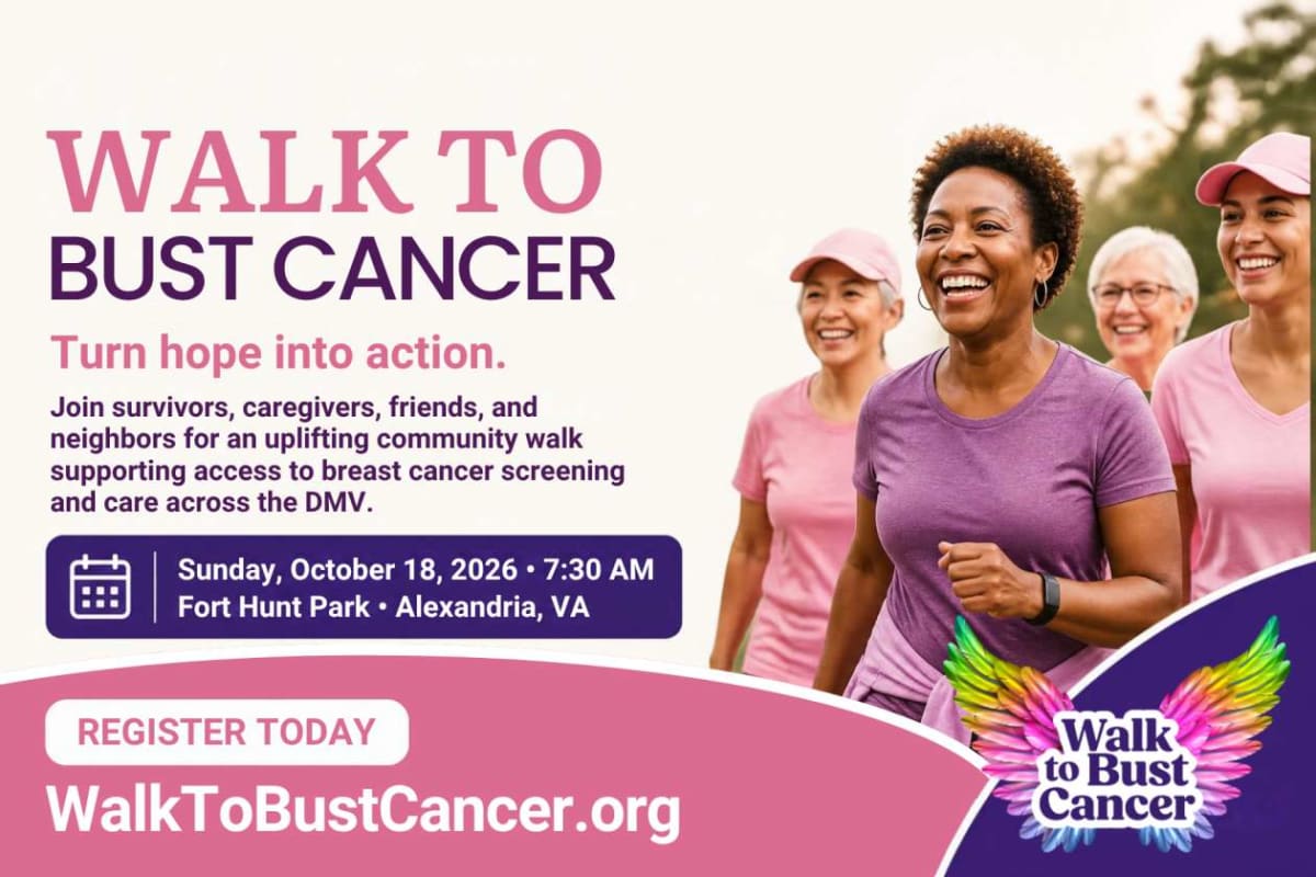 Promotional poster for Walk to Bust Cancer, showing smiling diverse walkers and event details in pink and purple hues.