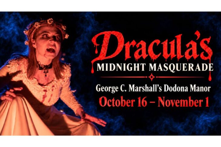Promotional poster for Dracula's Midnight Masquerade at Dodona Manor; costumed woman on left in a white gown with red accents.
