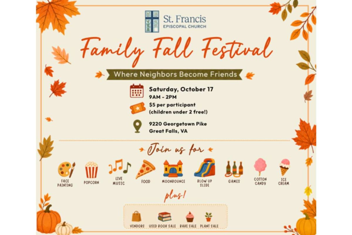 Flyer for St. Francis Fall Festival with autumn leaves; events include face painting, moonbounce, games, cotton candy, ice cream, and vendors.