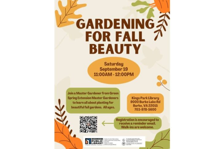 Poster for a fall gardening event titled 'GARDENING FOR FALL BEAUTY' with autumn leaves border; includes date, time, and location details: Saturday, September 19, 11:00 AM–12:00 PM at Kings Park Library, 9000 Burke Lake Rd, Burke, VA 22015, plus QR code and library logo.