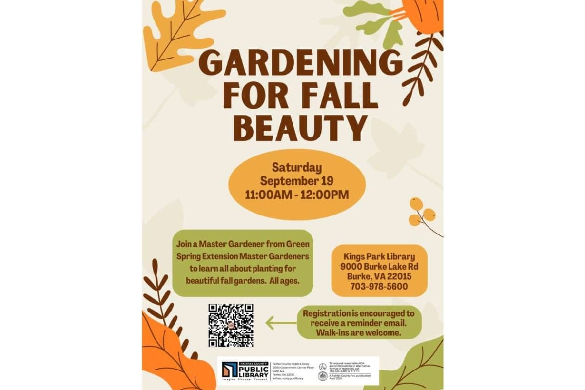 Poster for a fall gardening event titled 'GARDENING FOR FALL BEAUTY' with autumn leaves border; includes date, time, and location details: Saturday, September 19, 11:00 AM–12:00 PM at Kings Park Library, 9000 Burke Lake Rd, Burke, VA 22015, plus QR code and library logo.