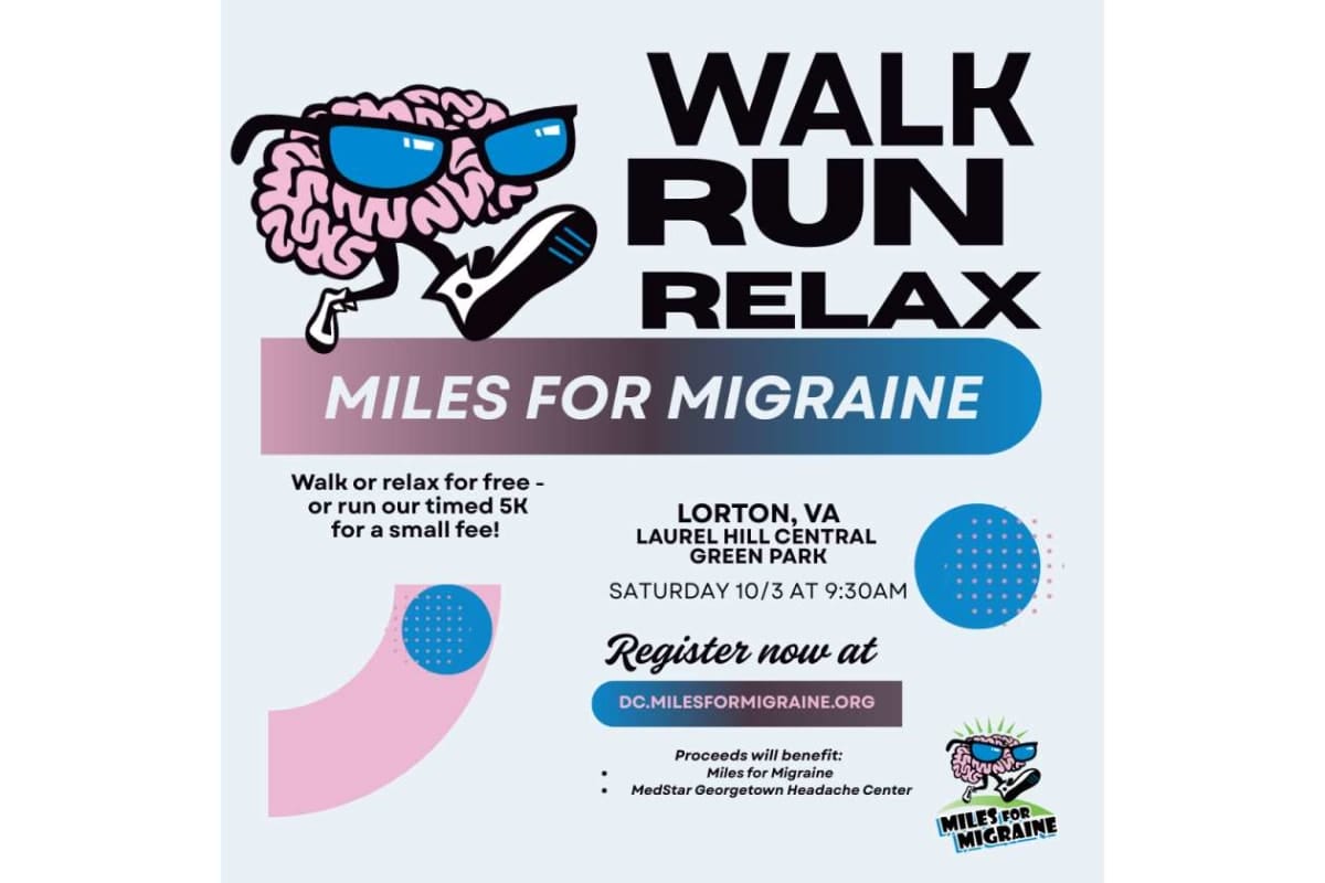 Poster advertising 'Walk Run Relax' for Miles for Migraine with a cartoon brain wearing sunglasses and sneakers; event details and location.